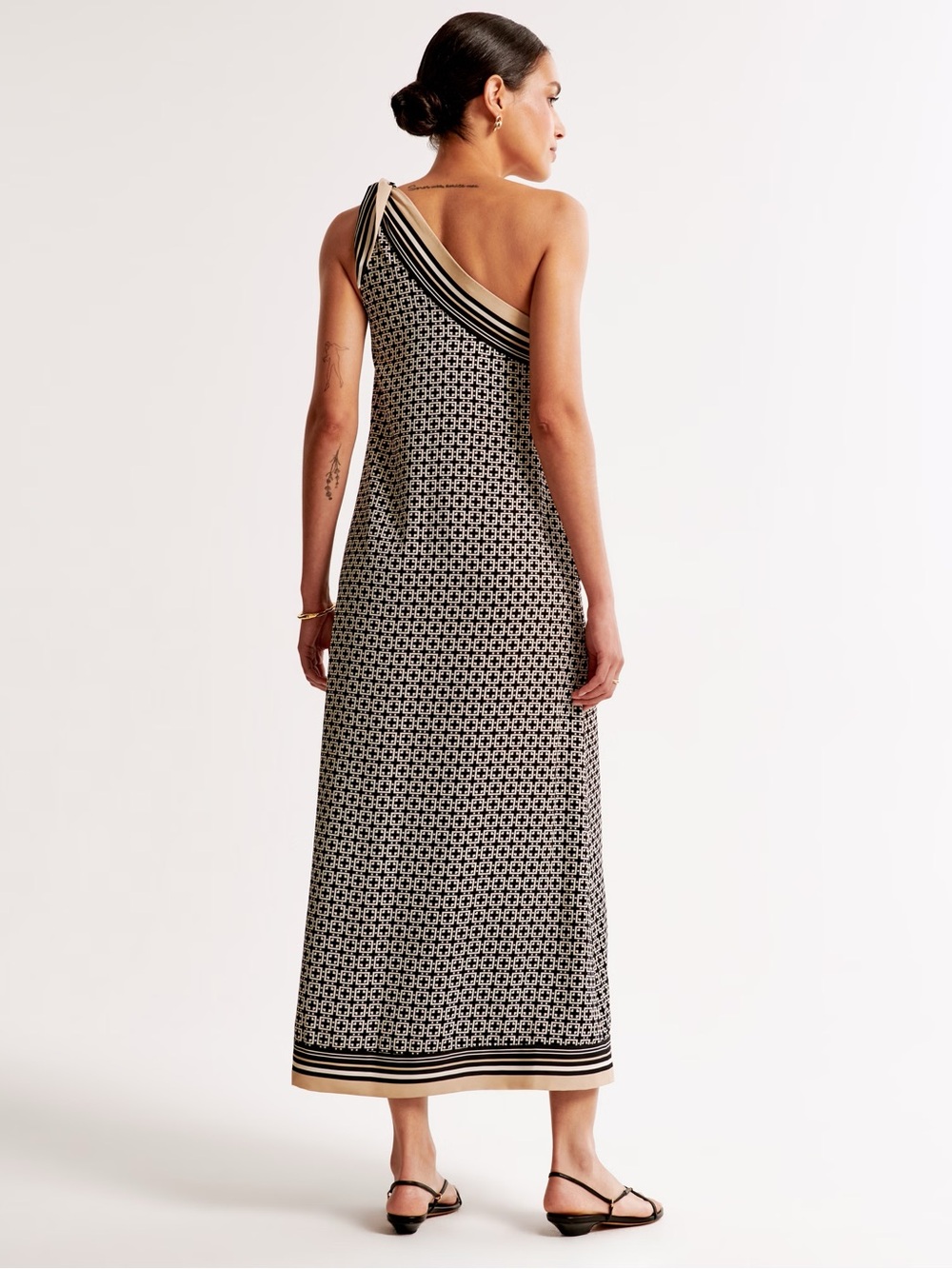 Abercrombie One Shoulder Scarf Maxi Dress Cream Black Geometric Print L - Picture 4 of 8